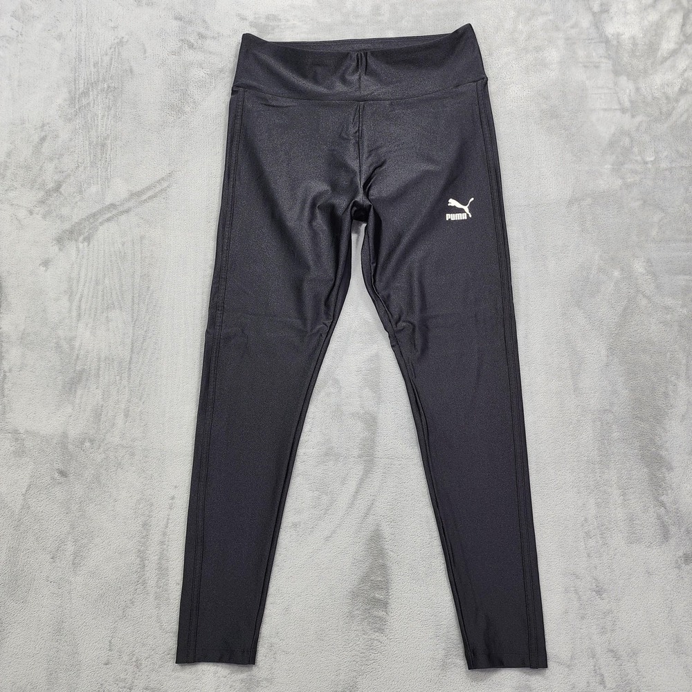 Puma Leggings Womens L Black Shiny Pull On Logo Ankle Workout Running Gym Yoga